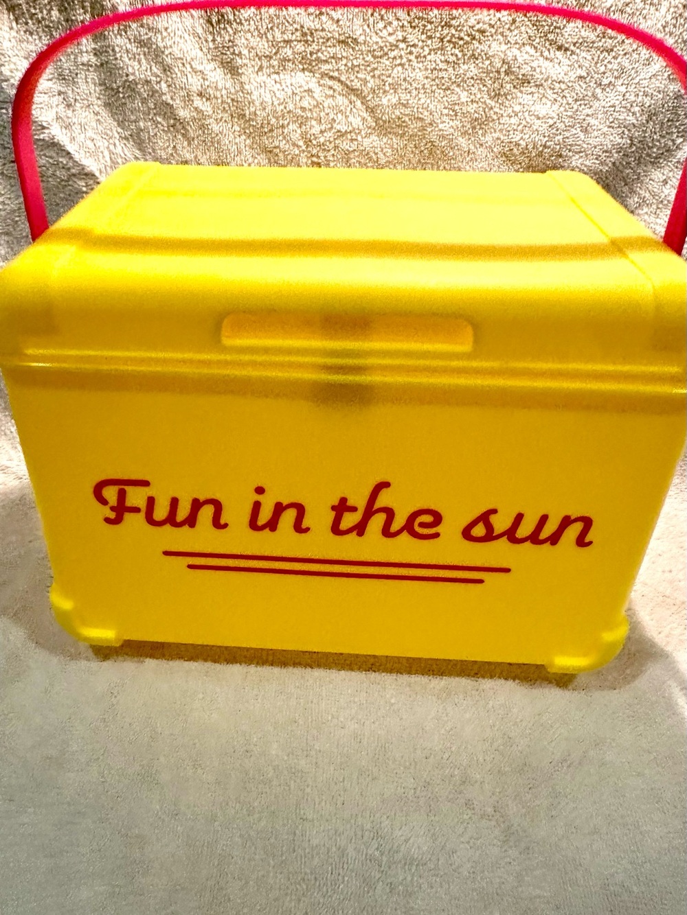 Yellow 'Fun in the Sun' Cooler Box with Pink Handle Vintage never used 7x8x10